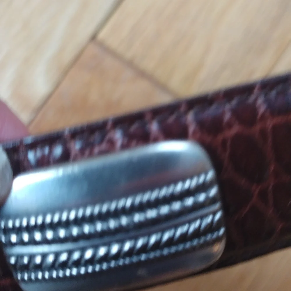 - -Brown croc leather belt with genuine silver decorative plaques and buckl…